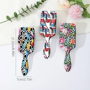 Three colorful feather print air cushion hair brushes with ergonomic scalp massage design