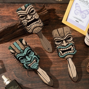 Lot de 3 brosses à cheveux à coussin d'air motif masque Tiki avec manche grain de bois