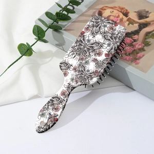 Vintage butterfly and pink floral print air cushion hair brush for detangling hair
