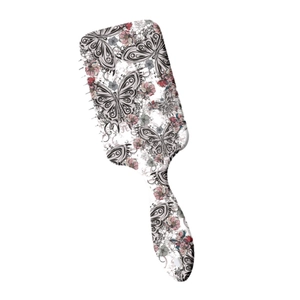Vintage butterfly floral print hair brush with cushioned bristles for scalp massage