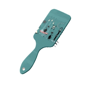 Teal cushion hairbrush featuring mid-century modern black cat art for scalp massage