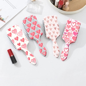 Heart print hair cushion brushes with massage bristles and anti-static plastic handles