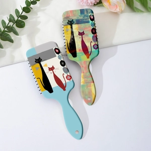 Cute cartoon abstract cat print air cushion hairbrush with portable handle and hanging hole