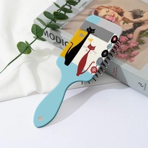 Abstract cat print air cushion hairbrush with artistic blue handle and rectangular design