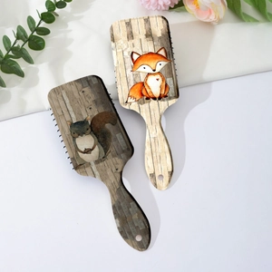 Lot de 2 brosses à cheveux avec illustrations de renard et écureuil et grain de bois