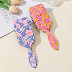 Floral checkerboard cushion hair brush set with vintage pop art prints for wet and dry hair