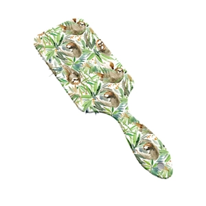 Ergonomic hair paddle brush with cute green sloth and jungle leaf pattern print