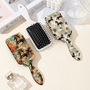 Three-piece hair brush set featuring vintage horse print and minimalist white cushion design