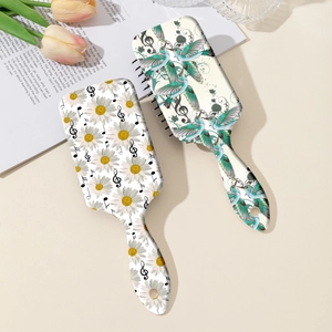 Floral print paddle hair brushes with musical notes and bird patterns for scalp massage
