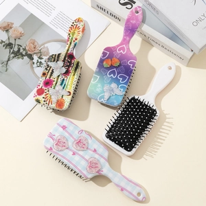 Floral and fruit print hairbrushes with 3D butterfly charms and scalp massage air cushions
