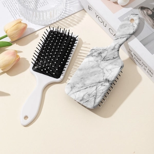 Gray marble print and white square air cushion hairbrush set with hanging hole handles