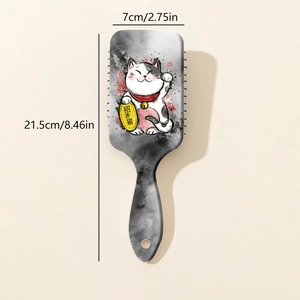 Detail view of cartoon fortune cat hairbrush showing 21.5cm height and 7cm width dimensions