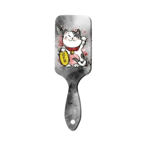 Rectangle hair brush with Maneki-neko beckoning cat print and ink wash art style