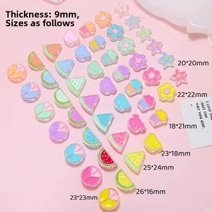 Detailed size chart for colorful acrylic resin beads including star and fruit shapes