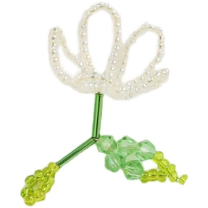 Handmade beaded crystal flower pendant with white iridescent beads and green crystal leaves