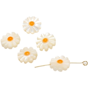 Five natural mother of pearl daisy beads with yellow core for DIY handmade jewelry craft