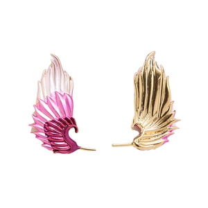 Gold-plated copper wing earrings with pink purple gradient and feather texture detail