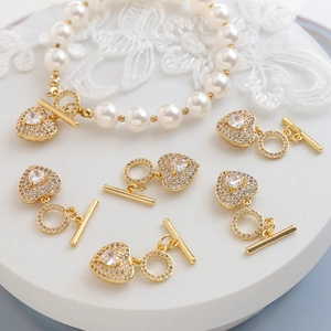 Zirconia Heart OT Clasp Gold Plated Copper Toggle Clasp Connector For DIY Artificial Pearl Necklace Bracelet Making Jewelry Finding