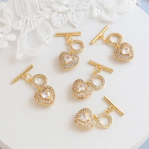 5Pcs heart-shaped gold-plated OT toggle clasps with zircon stones for jewelry making