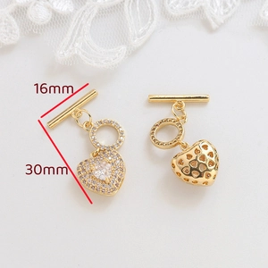 Detail of 16x30mm gold plated heart OT toggle clasp with zircon micro-pave for jewelry DIY