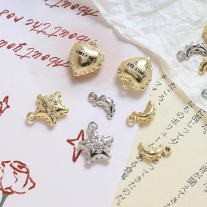 Gold-plated heart, star, and moon charms with zircon stones for DIY jewelry making