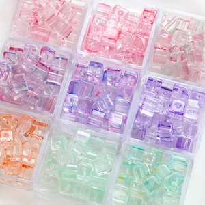 Colorful glass cube bubble beads set for DIY jewelry making in transparent storage box