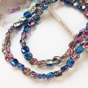 Iridescent square glass beads for jewelry making with blue and purple metallic coating