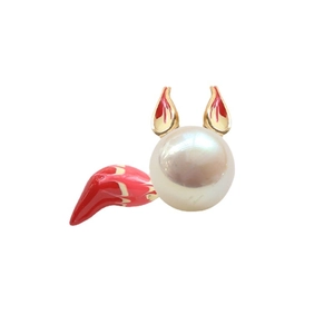 Charming fox-shaped gold plated pearl pendant with red enamel ears and a playful tail