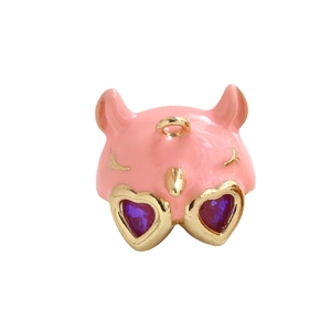 Pink cartoon ghost pendant with golden heart-shaped purple gem eyes and gold horn