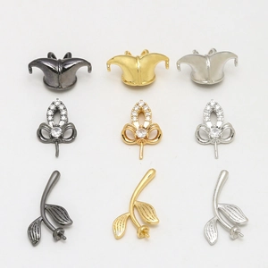 Gold Plated Copper Jester Hat Leaf Crown DIY Pendant Connectors With Zirconia For Artificial Pearl Tray Jewelry Making Supplies