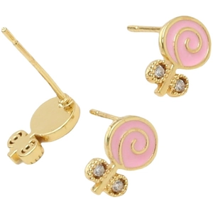 Boucles d'oreilles sucettes dorées avec émail rose et zircon pour bijoux DIY