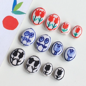 Vintage Hand Painted Style Tulip Ceramic Beads Oval Flower Porcelain Loose Beads For DIY Jewelry Making Accessories