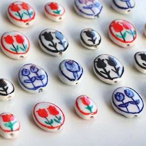 Hand-painted ceramic tulip oval beads for DIY jewelry making earrings and necklaces