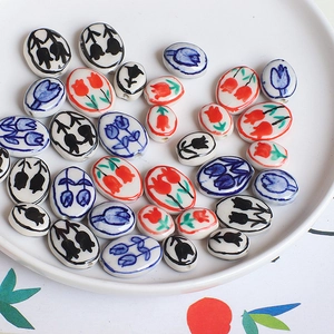 Hand-painted oval ceramic tulip flower beads for DIY jewelry making and necklaces