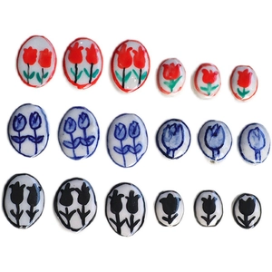 Hand-painted tulip ceramic oval beads for DIY jewelry making in red blue and black