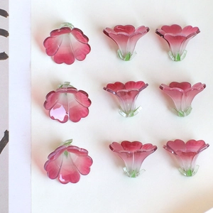 Set of 9 gradient pink 3D flower pendants with green calyx for DIY jewelry making