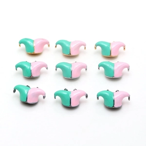 Nine dual-color jester hat charms in mint green and pink enamel for DIY jewelry making