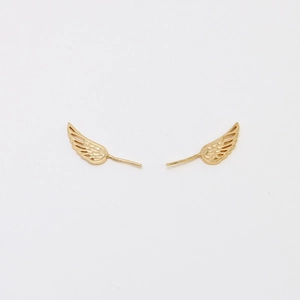 Detailed close-up of gold-plated angel wings with fine feather texture for DIY jewelry