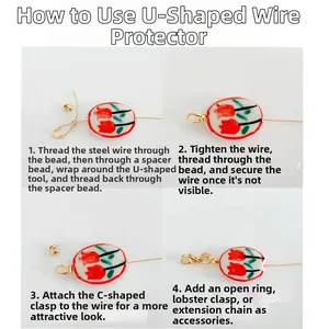 Four-step tutorial showing U-shape wire protectors and C-crimp covers for DIY jewelry