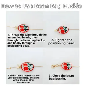 Step-by-step DIY jewelry guide showing tulip beads and gold-plated clasp assembly details