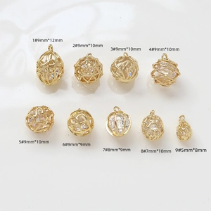 Detailed view of assorted gold-plated zircon pendants with dimensions for DIY jewelry