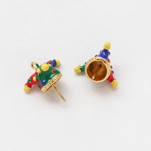 Macro shot of colorful enamel jester hat stud earrings with gold plating and fine details
