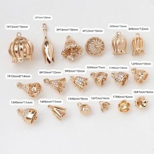 Detailed assortment of 18K gold plated zircon flower caps and pendants for jewelry making