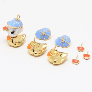 Detailed set of gold-plated duck jewelry parts including blue hats and pearl charms
