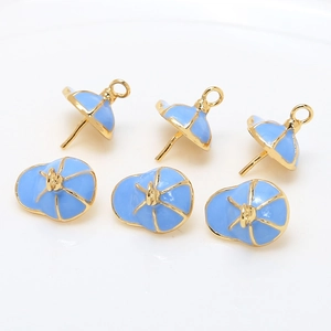 Set of six gold-plated sky blue enamel hat charms for DIY baroque pearl jewelry