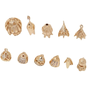Gold plated copper flower bead caps with cubic zirconia for DIY jewelry making