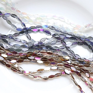 Close-up of faceted crystal glass beads with iridescent AB coating for DIY jewelry