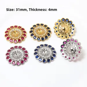 Detail of 31mm flower-shaped gold plated copper base with zircon inlays for jewelry DIY