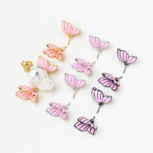 Baroque pearl pendant with crown and pink enamel butterfly wing jewelry components