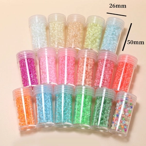 Detailed view of 18 bottles of 4mm macaron colored glass seed beads for DIY jewelry making